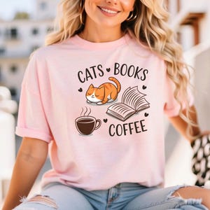 Cute Cats Books Coffee T Shirt, Cute Cartoon Book Lover Outfit For Girls, Cat Lover Gift, Coffee Lover Tee For Women, Teacher Student Shirt