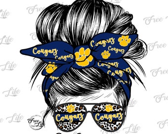 Cougars PNG Download, Cougars Messy Bun PNG Digital Art Download, Navy Blue Cougars Mascot Download, Cougars Mom, Cougars School Mascot