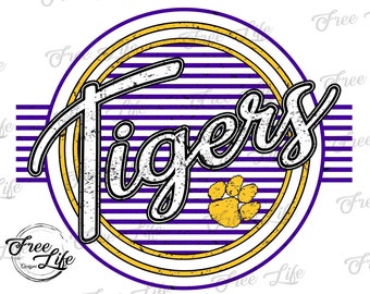 Tigers PNG Download, Tigers Digital Art Download, Tigers Mascot Download, Tigers Mom Png, Purple and Gold Tigers School Mascot Png