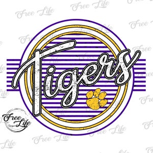 Descargar PNG de tigres, Descargar arte digital de tigres, Descargar mascota de tigres, Mamá de tigres Png, Mascota de la escuela de tigres morados y dorados Png