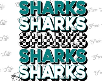 Sharks PNG Download, Teal and Checkered Sharks School Mascot, Sharks Digital Art Download, Sharks Mascot Download, Sharks Mom, School Spirit