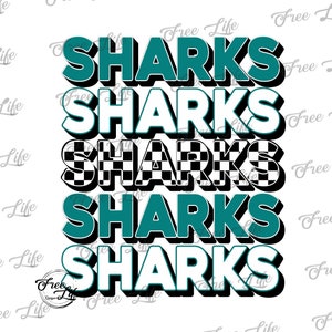 Puede incluir: Cinco imágenes apiladas de la palabra "SHARKS" en color azul turquesa con un contorno blanco. La segunda imagen tiene un fondo blanco. La tercera imagen tiene un patrón de cuadros blanco y negro. La cuarta imagen tiene un fondo azul turquesa. La quinta imagen tiene un fondo blanco.