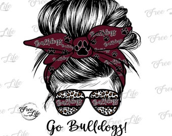 Bulldogs PNG Download, Bulldogs Messy Bun Digital Art Download, Bulldogs Mascot Download, Bulldogs Mom Png, Maroon Bulldogs School Mascot