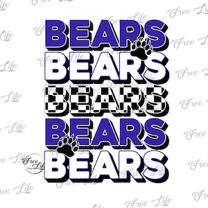 Bears PNG Download, Bears Digital Art Download, Bears Mascot Download, Bears Mom, Purple and Checkered Bears School Mascot, School Spirit