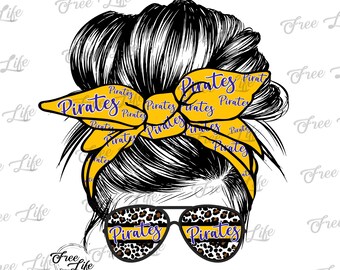 Pirates PNG Download, Pirates Messy Bun Digital Download, Pirates Mascot Download, Pirates Mom Png, Gold and Purple Pirates School Mascot