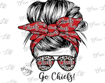 Chiefs PNG Download, Chiefs Messy Bun Digital Art Download, Chiefs Mascot Download, Chiefs Mom Png, Red Chiefs School Mascot Png