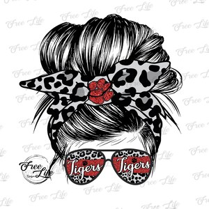 Tigers PNG Download, Tigers Messy Bun Digital Art Download, Tigers Mascot Download, Tigers Mom Png, Red Tigers School Mascot, Leopard Tigers