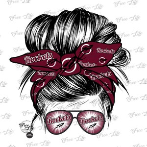 Rockets PNG Download, Rockets Messy Bun Digital Art Download, Rockets Mascot Download, Rockets Mom, Maroon Rockets School Mascot Png