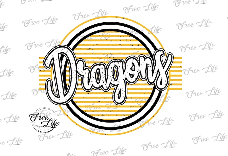 K&ouml;nnte beinhalten: Ein schwarz-wei&szlig;es Grafikdesign mit dem Wort "Dragons" in einer stilisierten Schriftart. Der Text ist von einem gelben und schwarzen Kreis mit einem gestreiften Muster umgeben.