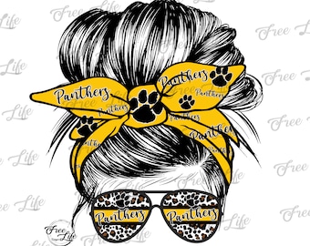 Panthers PNG Download, Panthers Messy Bun Digital Art Download, Panthers Mascot Download, Panthers Mom Png, Gold Panthers School Mascot