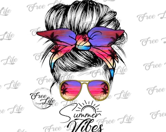 Descarga de PNG de moño despeinado con ambiente veraniego, descarga de arte digital de moño despeinado de verano, PNG de verano, descarga de arte digital de verano, moño de mamá de verano