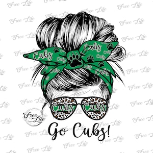 Cubs PNG Download, Cubs Messy Bun Digital Art Download, Cubs Mascot Download, Cubs Mom, Green Cubs School Mascot Png, School Spirit Design
