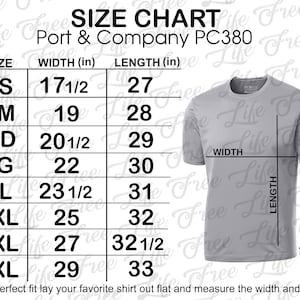 May include: Size chart for Port & Company PC380 t-shirts, showing measurements in inches for XS to 4XL sizes. The chart includes width and length measurements for each size.