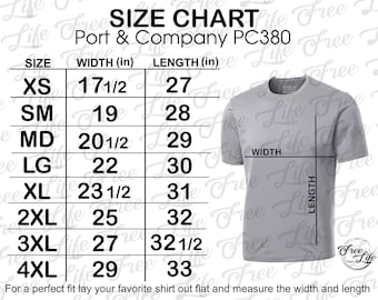 Port & Co 380 Performance Tee Size Chart PNG Download,  PC380 and PC380Y Port T-Shirt Size Chart Digital Download, PC380 Size Chart