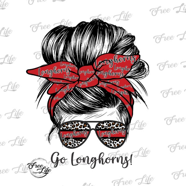 Longhorns PNG Download, Longhorns Messy Bun Digital Art Download, Longhorns Mascot Download, Longhorns Mom Png, Red Longhorns School Mascot