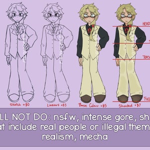 May include: A digital illustration showing four different stages of a character design. The character is a young man with blonde hair, wearing a white vest over a black shirt, and brown pants. The stages include sketch, line art, base color, and shaded. The image also includes a price list for each stage of the design.