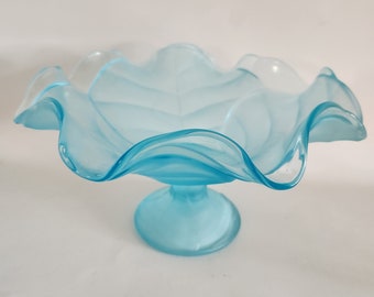 Vintage Blue Opalescent Large Ruffle Pedestal Dish