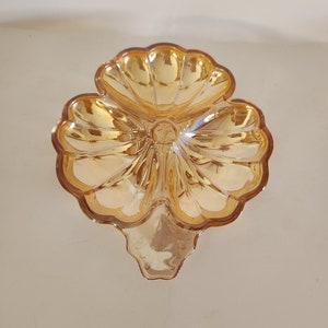 Vintage Jeanette Marigold Carnival Iridescent Glass Cloverleaf Dish Trinket Tray Nut Dish image 1