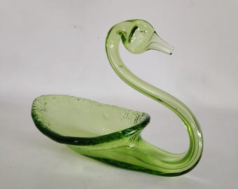 Vintage Midcentury Green Swan Art Glass Trinket Dish
