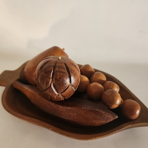 Vintage Mid Century Hand Carved Wooden Fruit and Dish 5 pieces