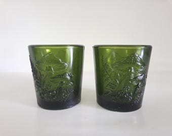 Vintage MCM Green Glass Mushroom Votive Candleholders Set of 2