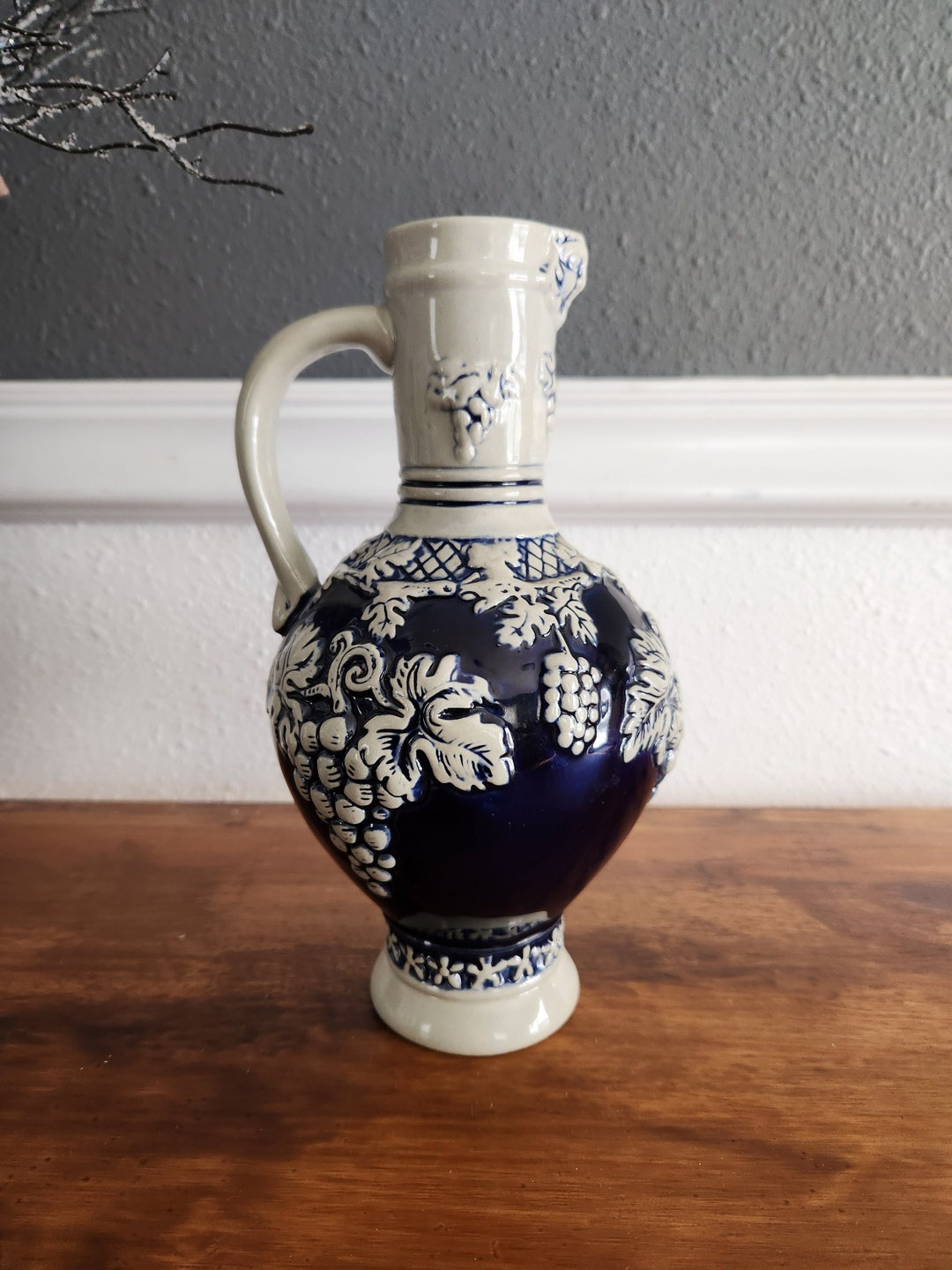 Vintage Blue & White Pitcher Vase With Grapes Plants Detailing and Handle Etsy