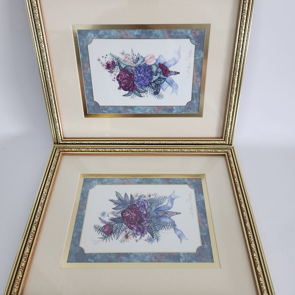 Vintage Charming Classics Heartfelt Collection Floral Pair of Prints Framed Set of 2 from 1996