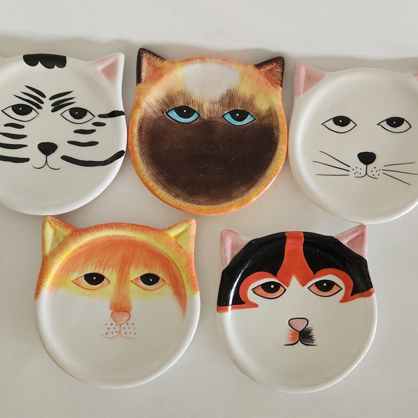 Vintage Hand Painted Ceramic Cat Coasters Set of 5 from 2001