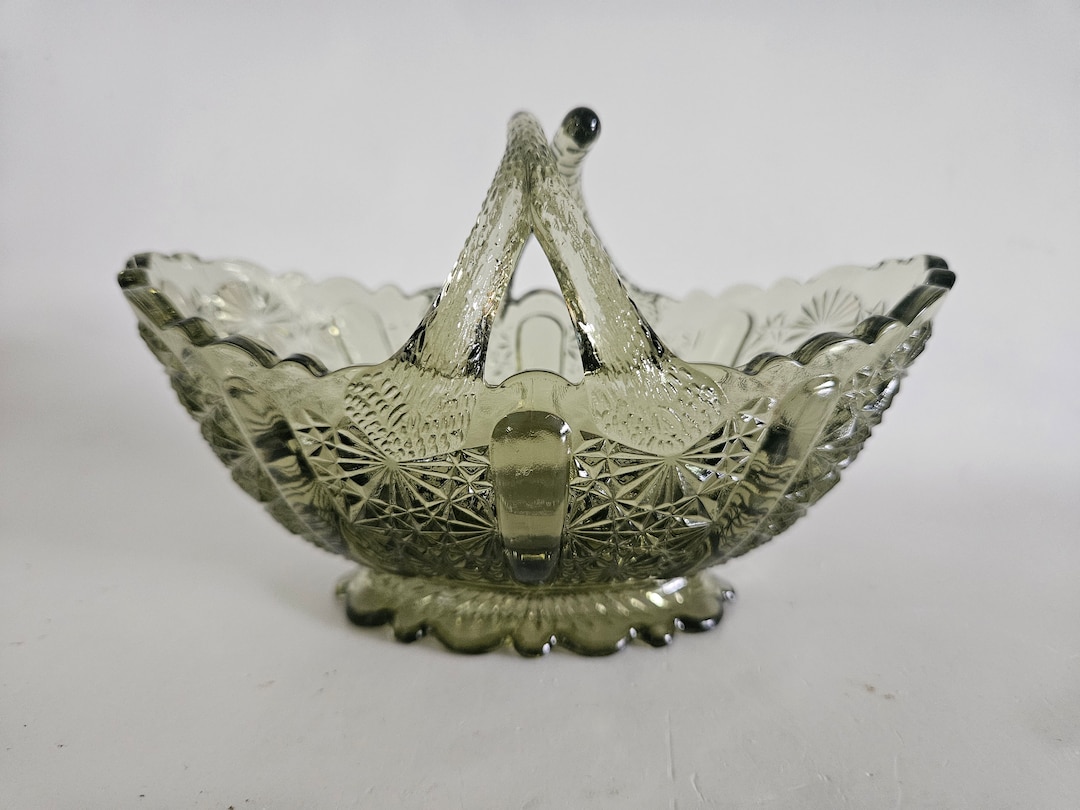 Vintage Fenton Green Glass Basket With Split Twig Handle Etsy