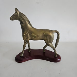 Vintage Brass Horse Statue Figurine Mounted on Wood