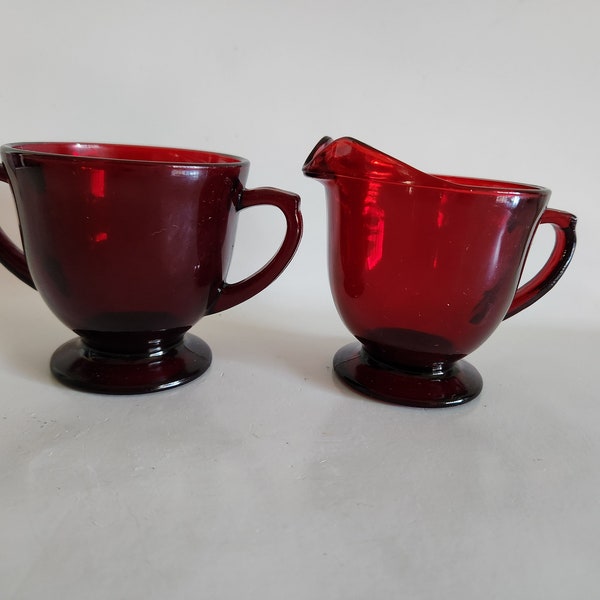 Vintage Ruby Red Cranberry Glass Smooth Open Footed Sugar Bowl and Creamer