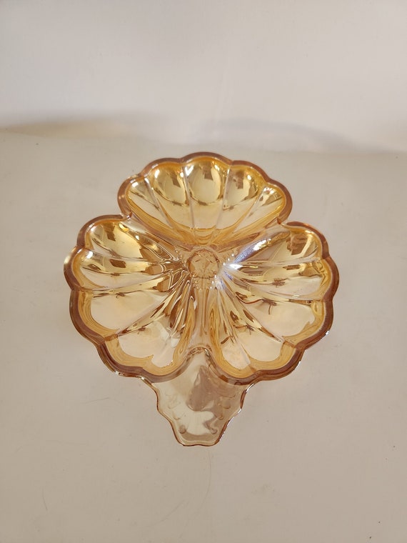 Vintage Jeanette Marigold Carnival Iridescent Glass Cloverleaf Dish Trinket Tray Nut Dish