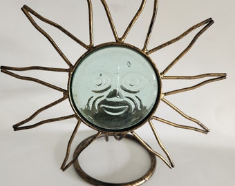 Vintage Metal and Glass Sun Face Candle Holder