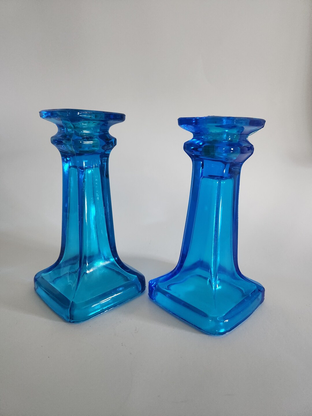 Vintage Blue Glass Square Base Candlestick Holders Set of 2 Etsy