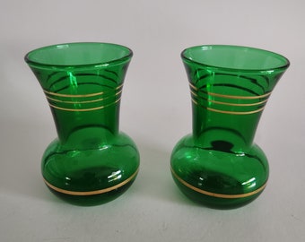 Vintage Emerald Forest Green Glass 3" Flared Bud Vase with Gold Rings Set of 2