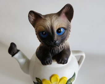 Vintage Kitty Cat Kitten in Teapot with Flower Design Figurine