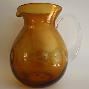 Vintage Large Amber Glass Pitcher with Cut Floral Pattern