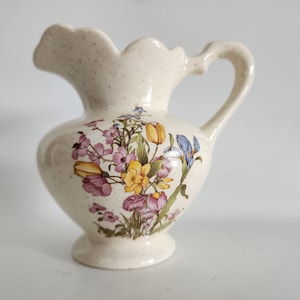 Vintage White Hand Made Floral Small Ceramic Pitcher