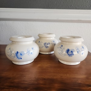 Vintage Hand Painted Blue & White Floral Rose Candle Stick Holder Set of 3 pieces