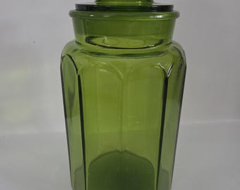 Vintage MCM Green Glass LE Smithe Paneled Jar with Lid