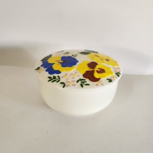 Vintage Floral Pottery Hand Painted Trinket Jar Container with Lid 1984