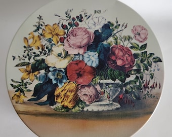 Vintage Currier and Ives Spring Flowers Round Tin