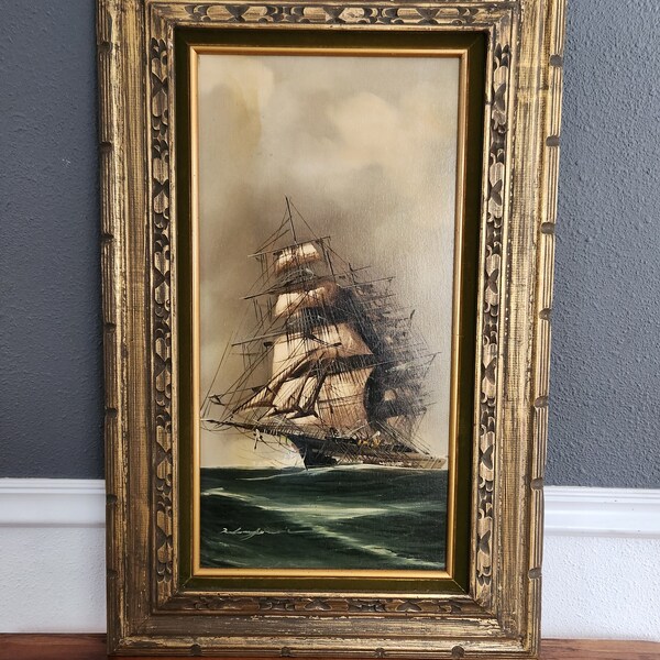 Vintage High Seas Ship Oil Painting Signed in a Frame