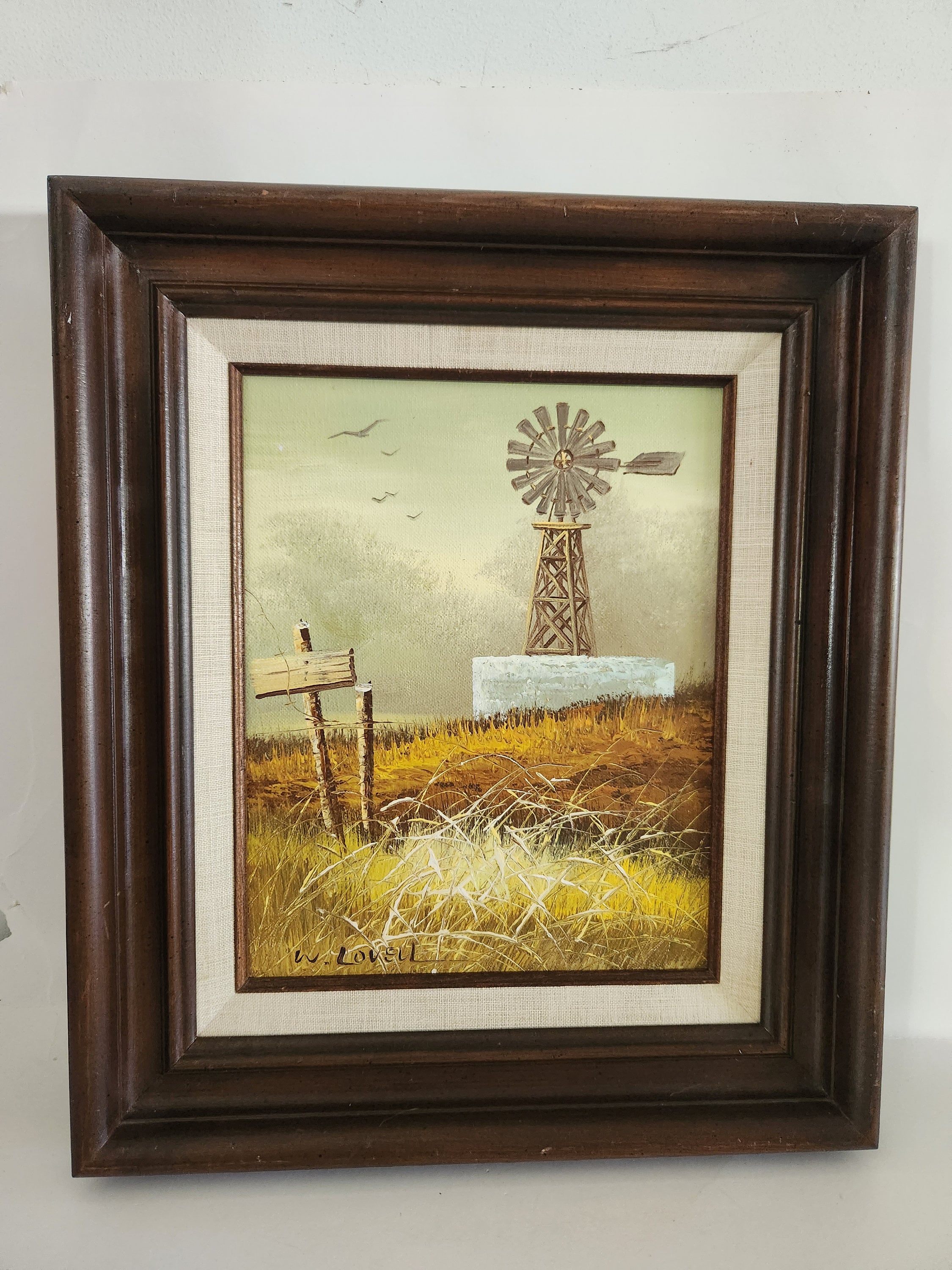 Vintage Windmill Landscape Oil Painting on Canvas Signed by W