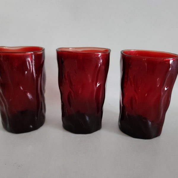 Vintage Ruby Red or Pigeon Blood Red Glasses Tumblers Cups Tree Bark Design Set of 3