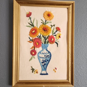 Vintage Floral Flowers in Vase Crewel Embroidery Framed
