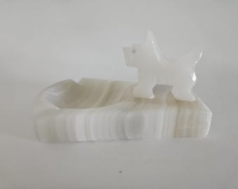 Vintage Midcentury Alabaster Marble Onyx Hand Carved Scottie Dog Ashtray