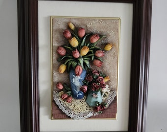 Vintage Framed Resin 3D Floral Tulips Roses Hand Painted Art