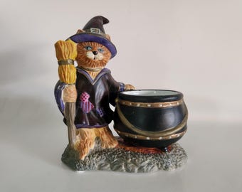 Vintage Partylite Halloween Witch Cat with Cauldron Candle Holder