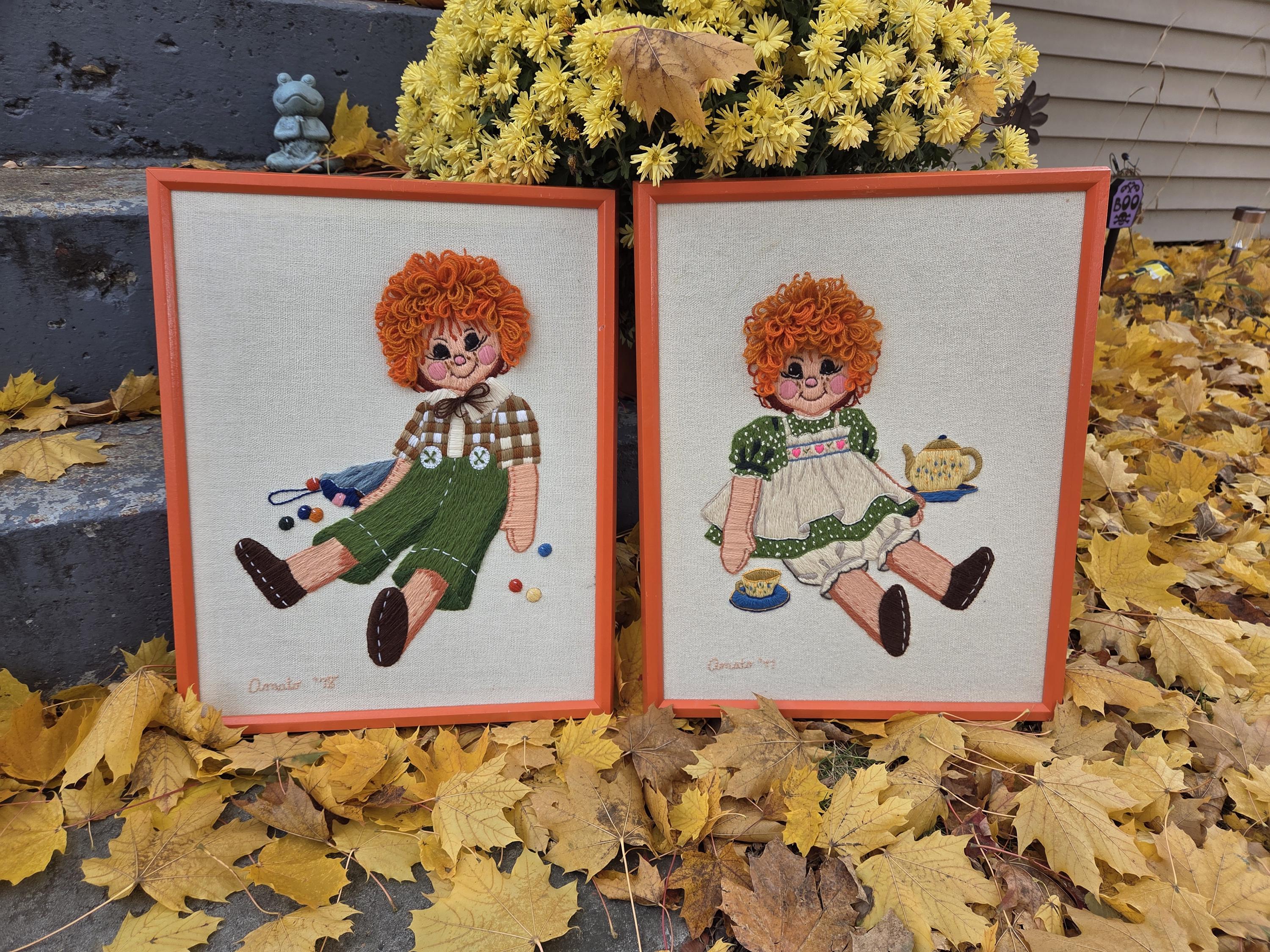 Anne...handmade(*´˘`*)*♡ Vintage Raggedy Anne and Andy Crewel Yarn Embroidery Framed Set of